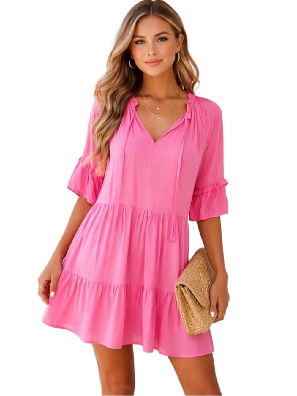 Petal & Pup V-neck Pink tiered ruffle dress drop waist bohemian pockets rayon
